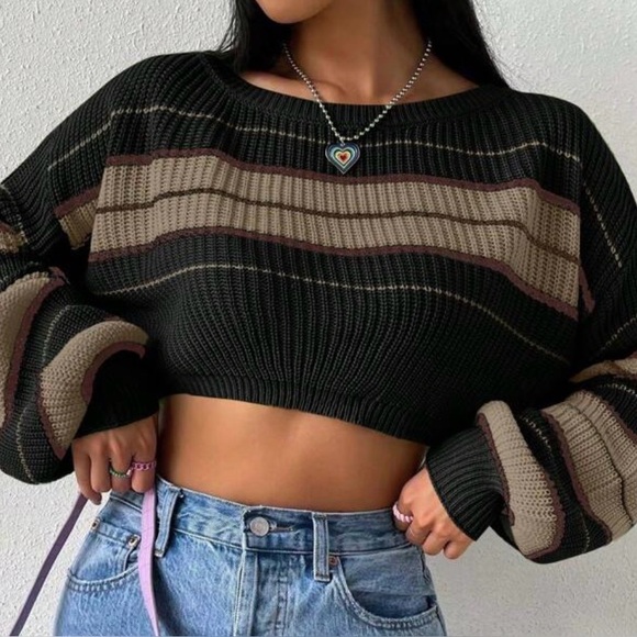SHEIN Sweaters - SHEIN Black Cropped Striped Knit Sweater with Beige and Brown Accents